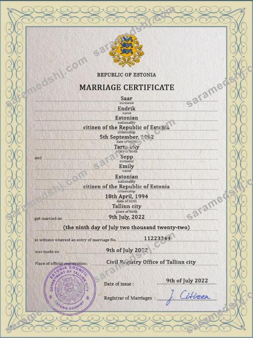 Estonia marriage certificate PSD template